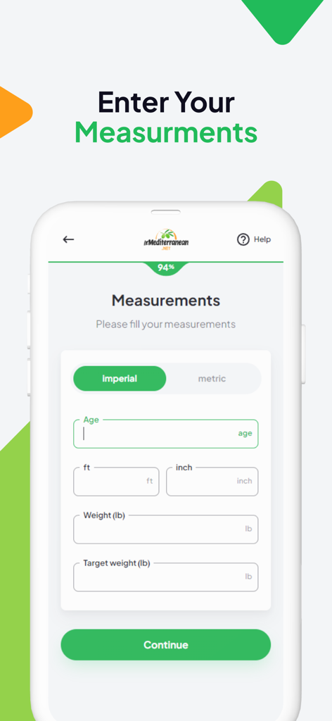 Measurements input screen on the My Mediterranean app showing fields for age, height, weight, and target weight