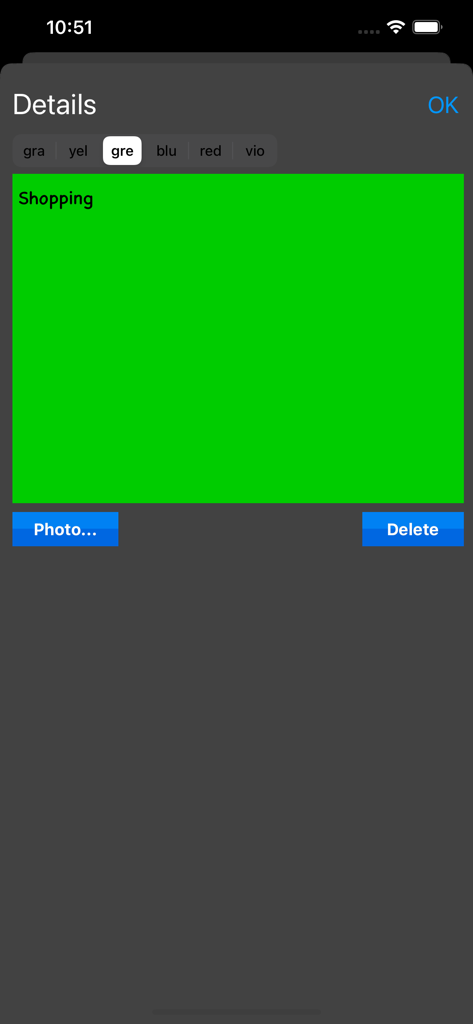 A green digital sticky note with the text Shopping on the app details screen.