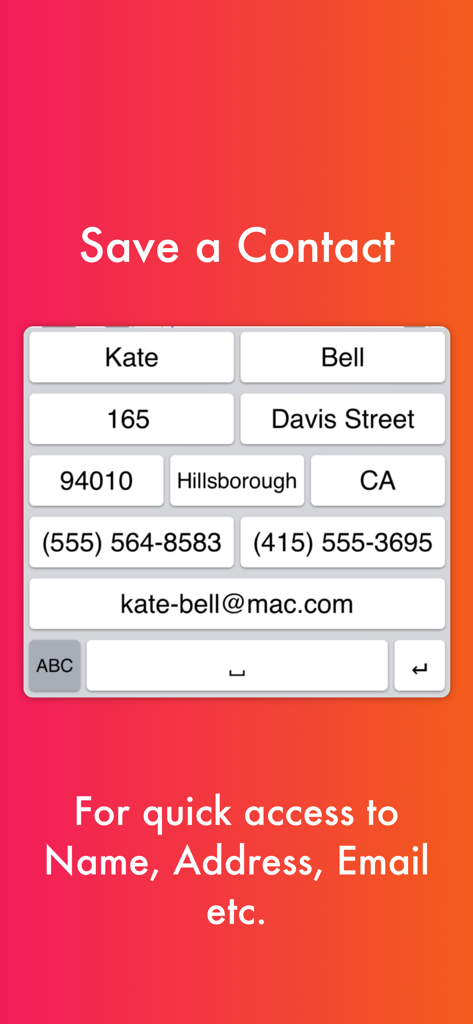 Benutzerdefiniertes Keyboard-Layout mit Shortcut-Tasten für den schnellen Zugriff auf Kontaktinformationen wie Name, Adresse und E-Mail.