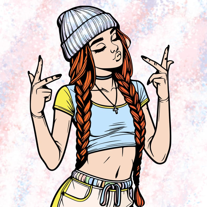 realistic teenage girl with braids and a beanie and crop top doing 🫶🏼