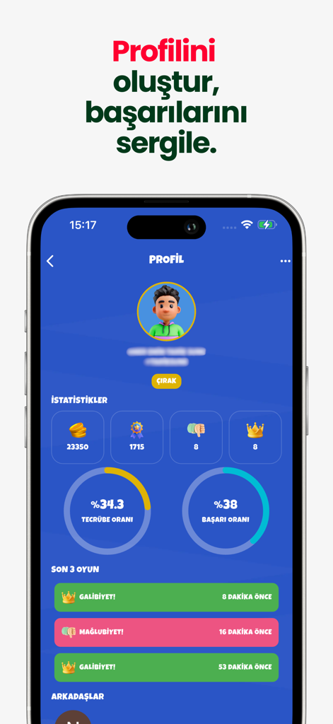İsim Şehir Hayvan Online - User profile screen in Isim Sehir Hayvan Online showing player statistics, success rates, and recent game results.