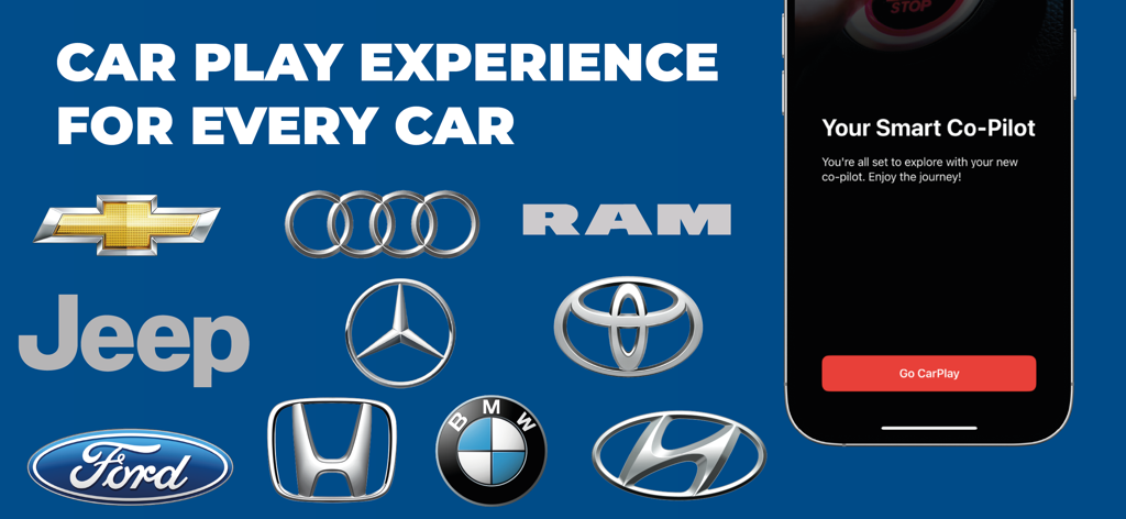 Car Play Connect: Sync My Auto - Aplicación Car Play Connect mostrando compatibilidad con las principales marcas de coches como Ford, Toyota y BMW