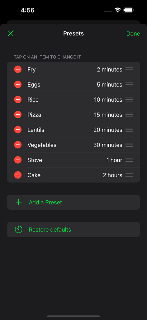 Presets screen of Cook kitchen timers app with a list of food items and their durations