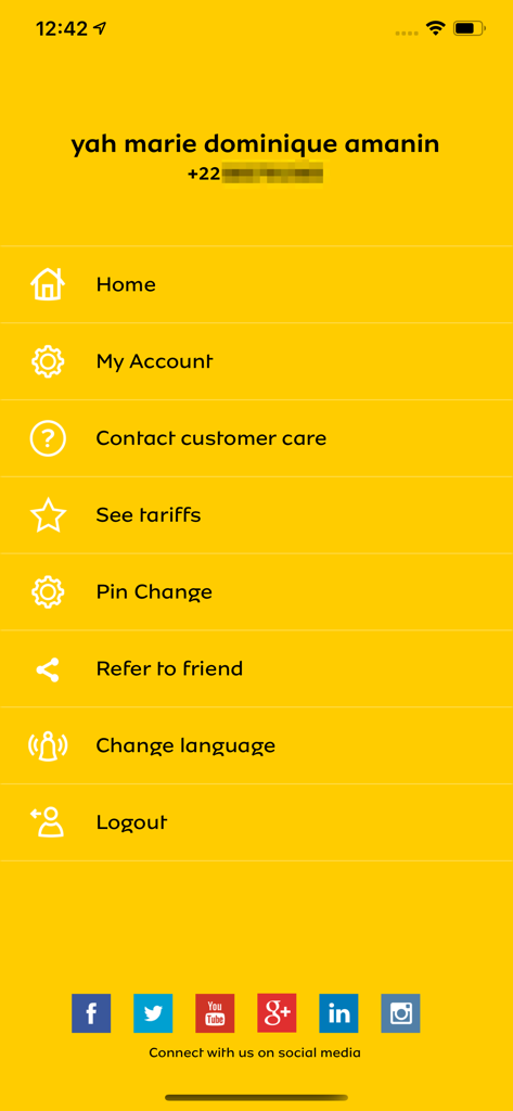 MoMo Agent - MoMo Agent app side menu displaying account options like My Account and Pin Change on a yellow background