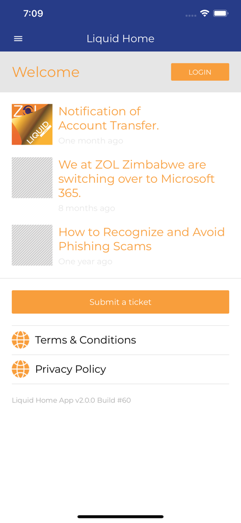 Der Willkommensbildschirm der myLiquid Home Zimbabwe App mit den neuesten Nachrichtenbenachrichtigungen und einer Login-Option.