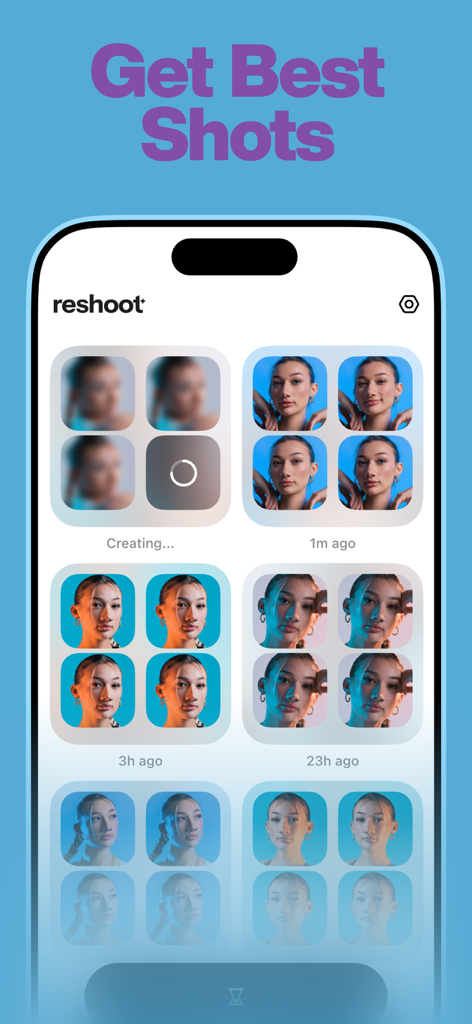 reshoot: AI Face & Hair Editor - Interface of the Reshoot app on a smartphone displaying a gallery of AI-enhanced portrait photos