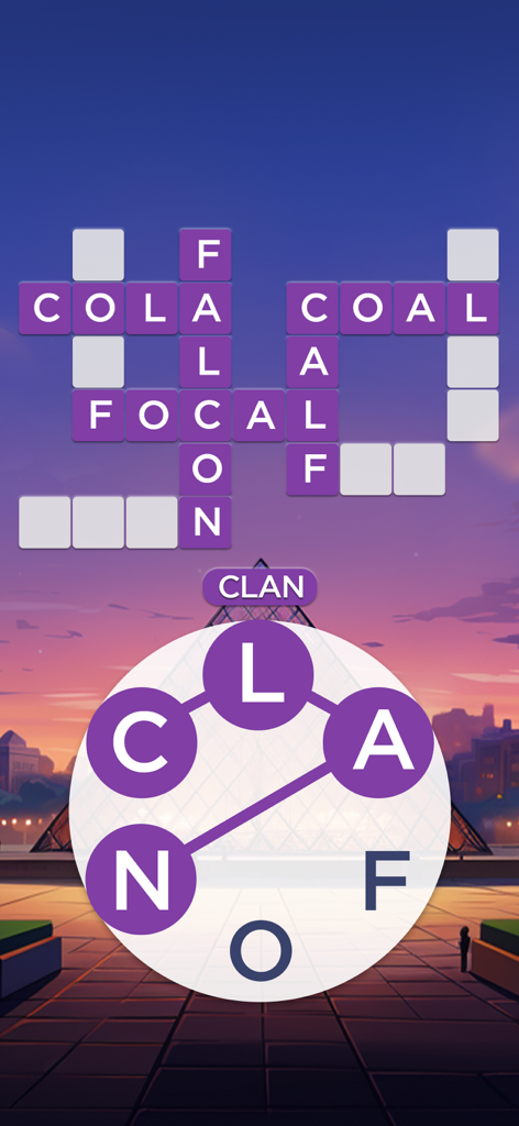 Words of Wonders crossword puzzle gameplay with letter wheel and word grid.