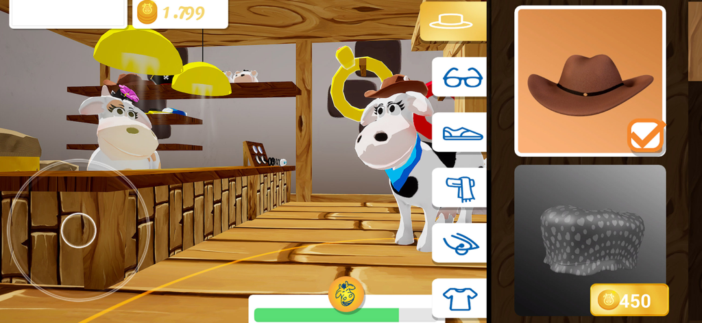 Eine weiße Kuhfigur mit braunem Cowboyhut in einem virtuellen Menü des Fazendinha Santa Clara Shops