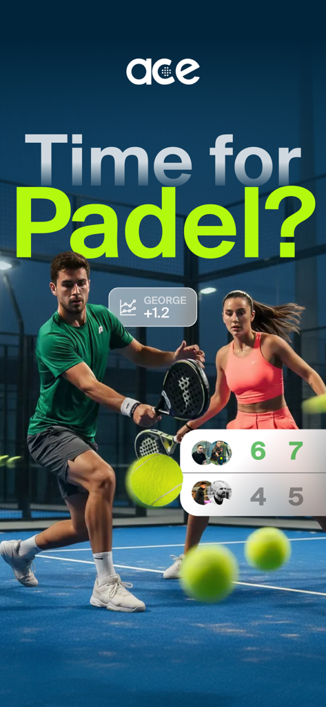 Ace: Padel Community & Rating - Two athletes playing on a padel court with overlays showing match scores and a player rating update from the Ace app