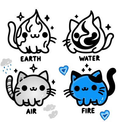 4 cats that represent the different elements, earth, water, air, and fire