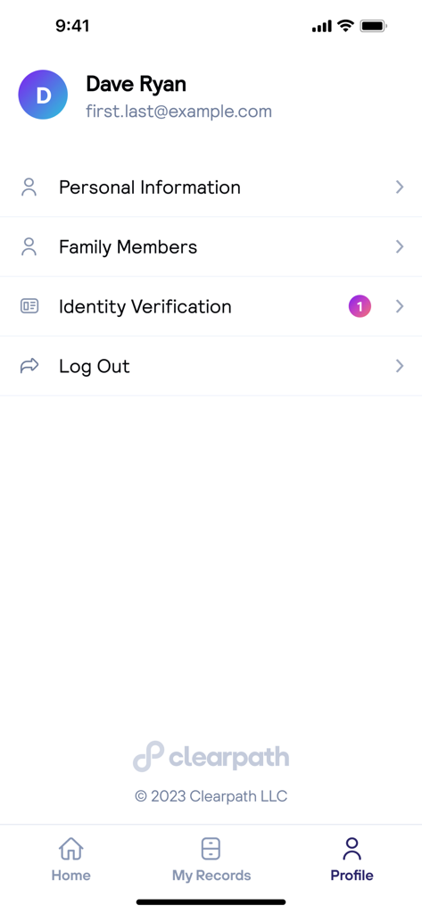 Profile screen of the Clearpath medical app showing account settings for personal information and family members