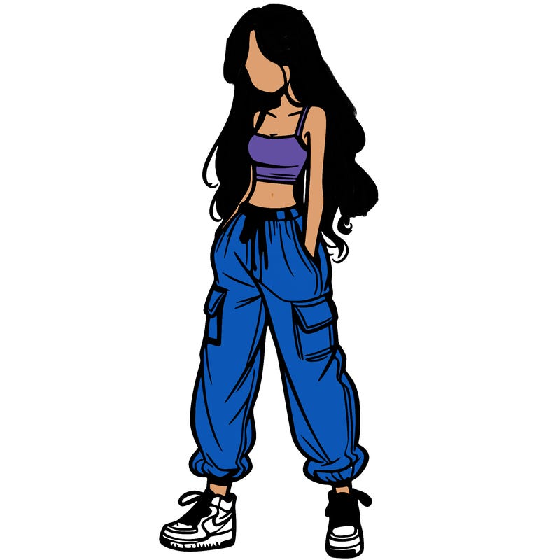 girl in baggy pants crop top and long hair