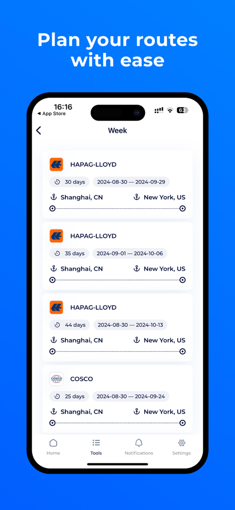 Interface do aplicativo móvel SeaRates exibindo rotas de transporte globais e tempos de trânsito de Xangai para Nova York
