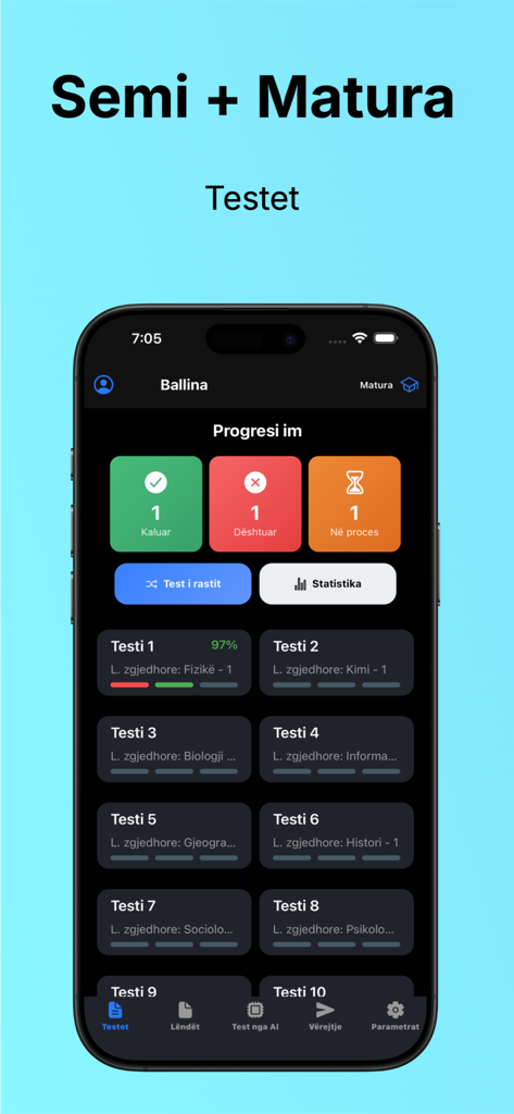 Semi + Matura Kosovë - Main interface of Semi + Matura app displaying progress statistics and test lists.