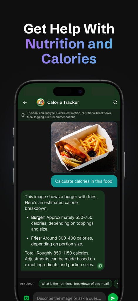 Mosa AI: Chatbot Assistant - Mosa AI app interface showing calorie tracking for a burger and fries