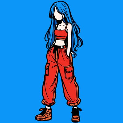girl in baggy pants crop top and long hair