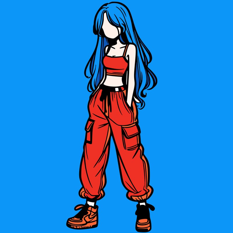 girl in baggy pants crop top and long hair