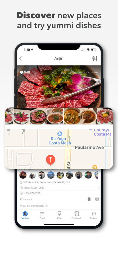 YUMMI: Restaurant & Food Diary - Interfaz de la aplicación Yummi que muestra un perfil de restaurante con fotos de comida de alta calidad y una ubicación de mapa interactiva.