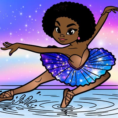 a african american fierce ballerina dancing on a glass lake