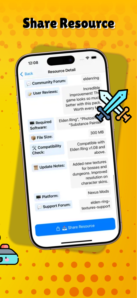 Screenshot of the Hub Game Collection app displaying resource details for an Elden Ring game mod including compatibility and sharing options.
