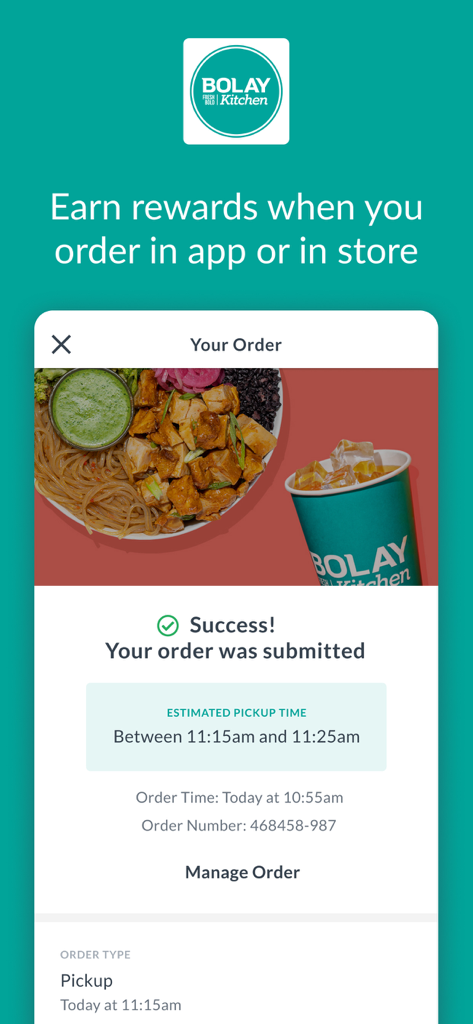 Bolay Fresh Bold Kitchen - Pantalla de confirmación de pedido en la app Bolay mostrando el envío exitoso y el tiempo estimado de recogida