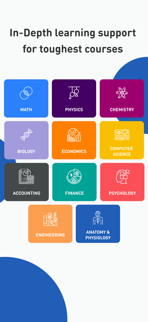 A grid of colorful icons showing academic subjects supported by Kunduz including Math Physics Chemistry Biology and Engineering