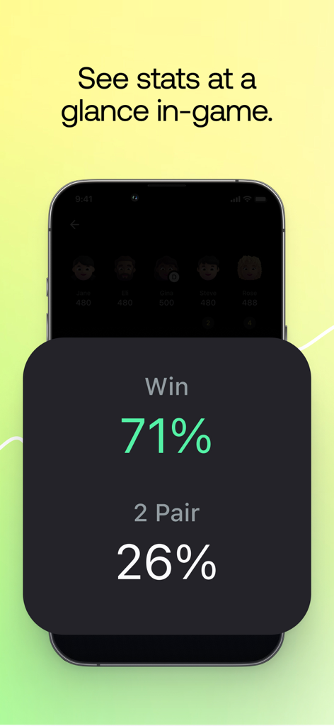 Captura de pantalla de la aplicación móvil que muestra las estadísticas de póker dentro del juego de Offsuit Texas Holdem y los porcentajes de victorias.