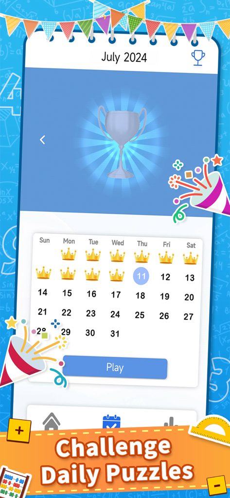 Cross Math - Math Game - Cross Math app screenshot showing the daily challenges calendar and trophy rewards