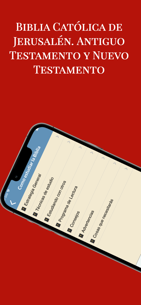 La Biblia de Jerusalén - Interface of the Jerusalem Bible app displaying a menu for studying the Bible in Spanish
