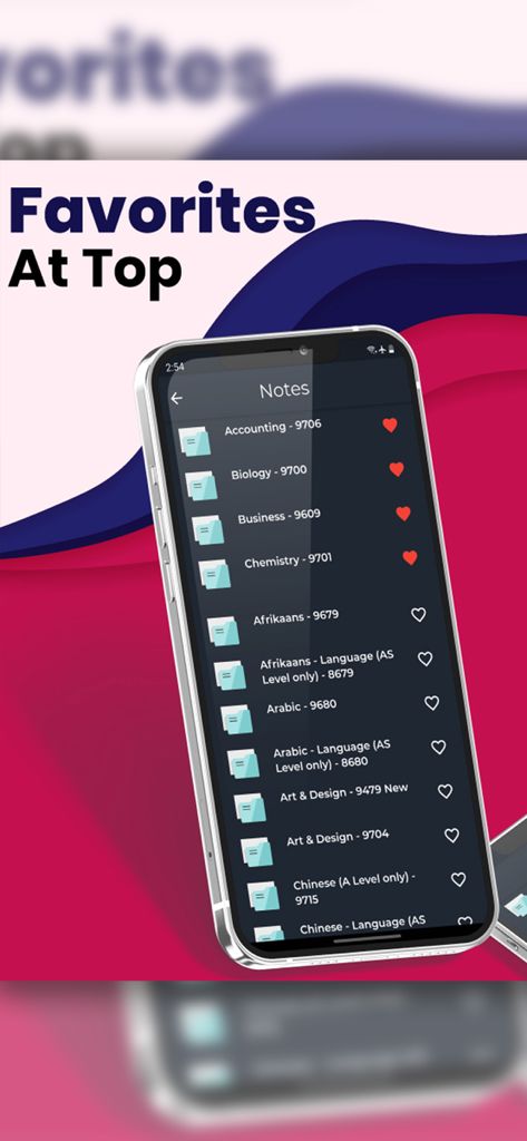 Smartphone displaying the Papa Cambridge app with favorite study subjects pinned to the top of the list