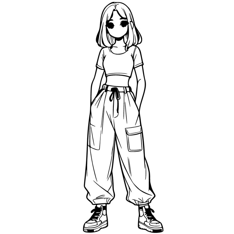 realistic girl wearing baggy pants and a crop top