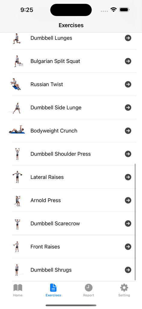 Dumbbell Home Workout Plan - Pantalla de aplicación móvil que muestra una biblioteca de ejercicios con mancuernas con nombres e imágenes de demostración.
