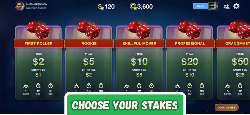 Lobby screen of Backgammon Cash showing various game levels with entry fees and cash prizes.