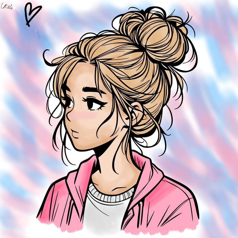 realistic teenage girl with a messy bun