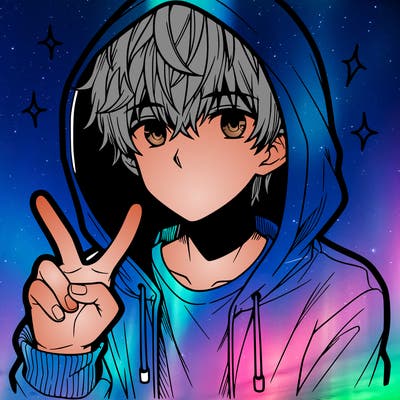 teenage manga boy in a hoodie, doing ✌