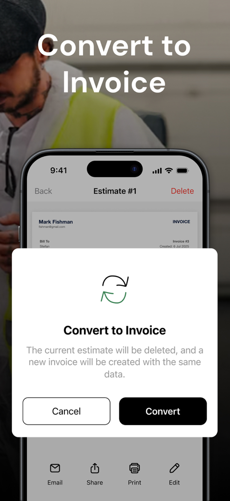 Invoice & Estimate Maker・Billo - Schermata mobile che mostra l'opzione per convertire un preventivo in fattura nell'app Billo