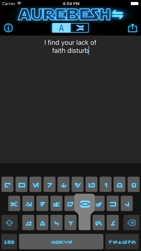 Interfaccia dell'app Aurebesh IO con tastiera personalizzata in lingua Star Wars e traduzione di testo in inglese.