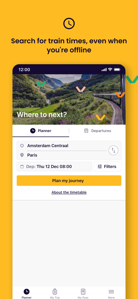 Interface of the Eurail Rail Planner app showing an offline train route search from Amsterdam to Paris.