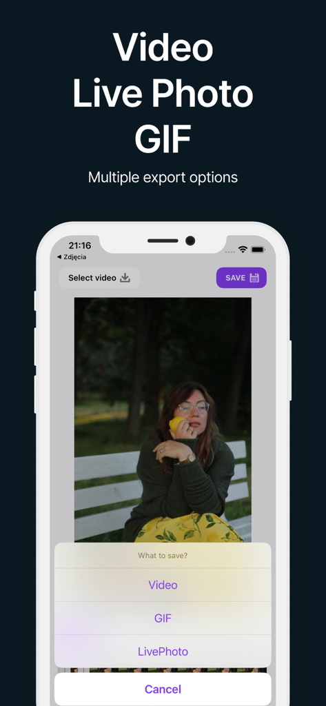 Boomerang Video Loop Maker - Screenshot of the Boomerang Video Loop Maker app interface showing multiple export options including Video GIF and Live Photo