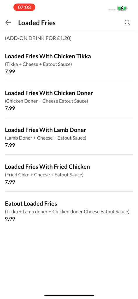 Eat Out Guildford - Menu of loaded fries options on the Eat Out Guildford app