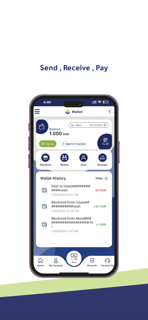 ONEIC Pay - ONEIC Pay mobile app wallet interface showing balance in OMR and recent payment history.