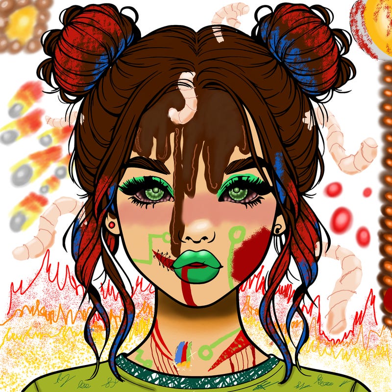 realistic girl with two buns in hair and lips