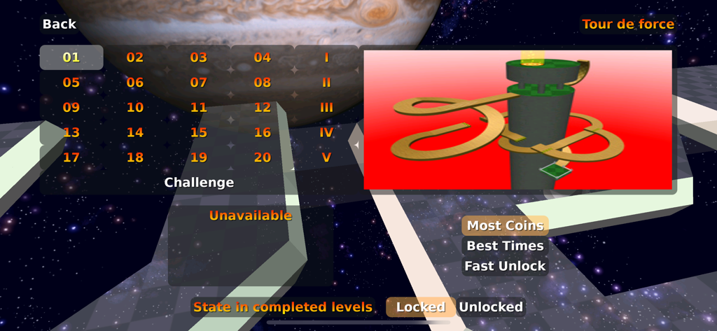 Neverball - Neverball level selection menu featuring level grids and a 3D course preview.