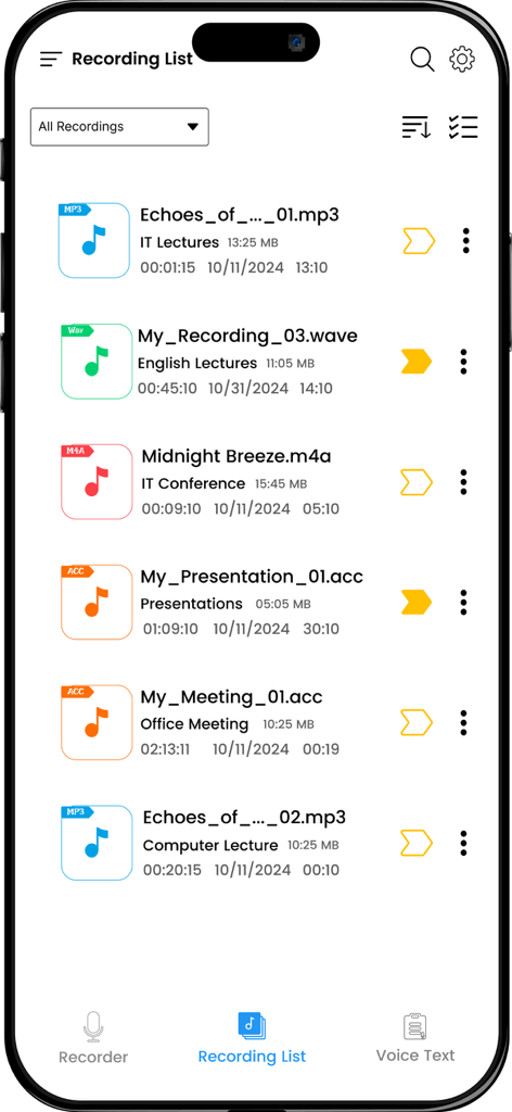 A list of voice recordings on an iPhone showing file names, categories, and audio formats like MP3 and WAV