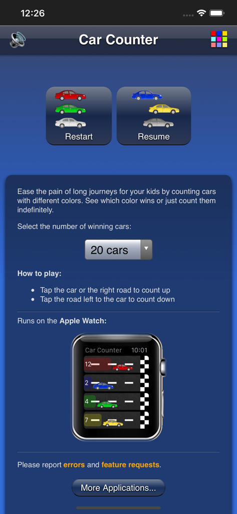 Car Counterアプリのメイン画面。ゲームの指示と、ドライブ用のApple Watchインターフェースが表示されます。