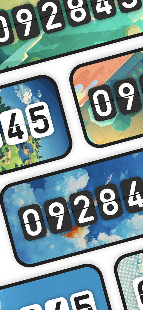 Flip clock & clock widget - A collection of aesthetic flip clock widgets featuring various illustrated backgrounds including clouds and landscape designs