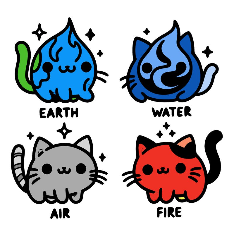 4 cats that represent the different elements, earth, water, air, and fire