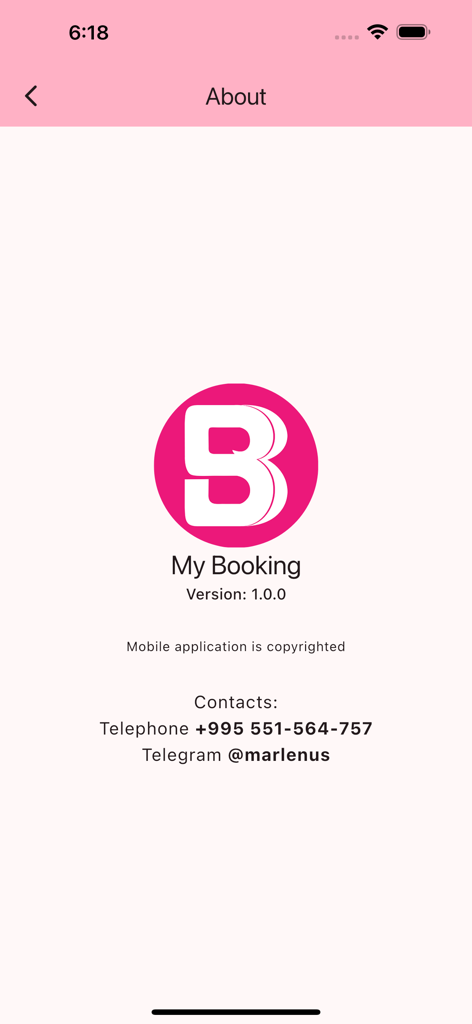 Book-Me - Página Acerca de de la aplicación de programación Book-Me que muestra información de contacto y el logotipo