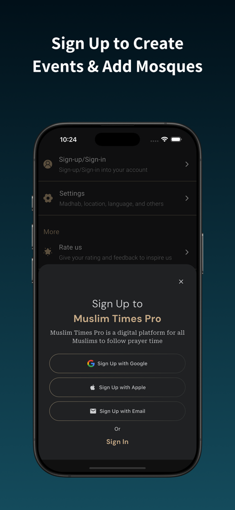 Muslim Times Pro: Prayer,Quran - Tela de cadastro do Muslim Times Pro mostrando opções de login com Google, Apple e e-mail