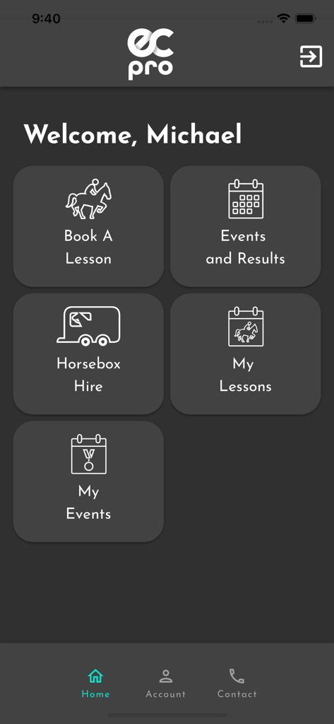 EC Pro (UK) - EC Pro app dashboard showing options for booking horse riding lessons, horsebox hire, and viewing equestrian events and results.